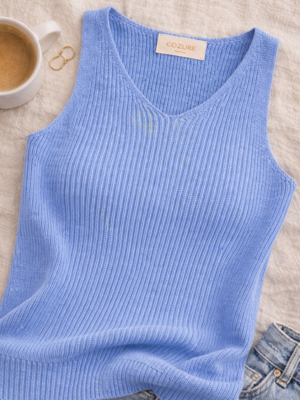 Blue Ribbed Sweater Tank | Cotton Cashmere Knit Shell Top | Soft V-Neck -NWT